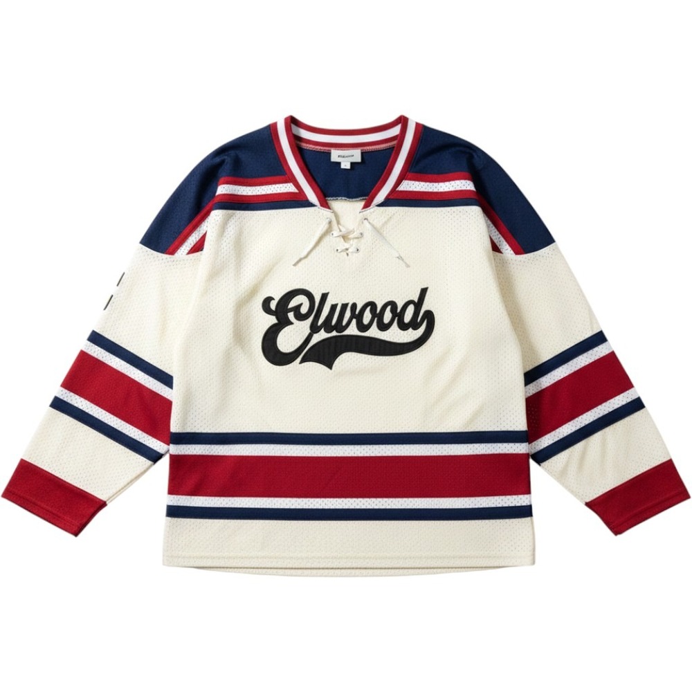 Elwood Men Mesh Hockey Jersey White Red Navy Blue Lace Up V-Neck Size L Number 5